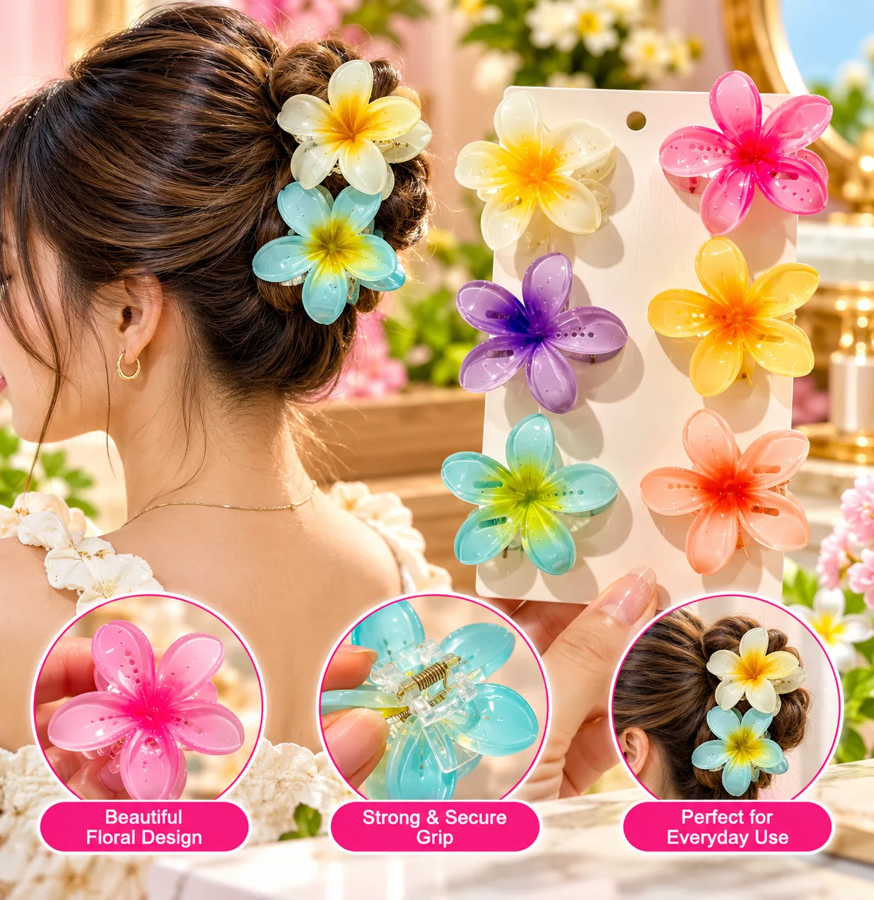 Brilora 6 Pcs Colorful Flower Hair Claw Clips for Women & Girls | Gradient Lily Design | Strong Hold & Lightweight Hair Accessories | Cute Stylish Claw Clips for Daily Use, Travel & Gifting – Multicolo