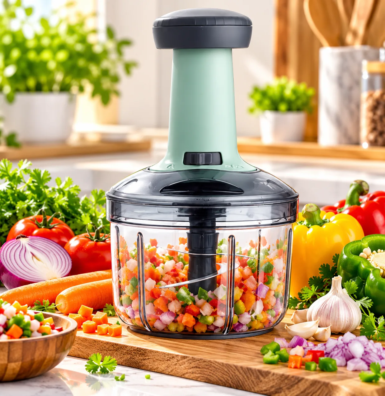 Manual Hand Press Vegetable Chopper with Container