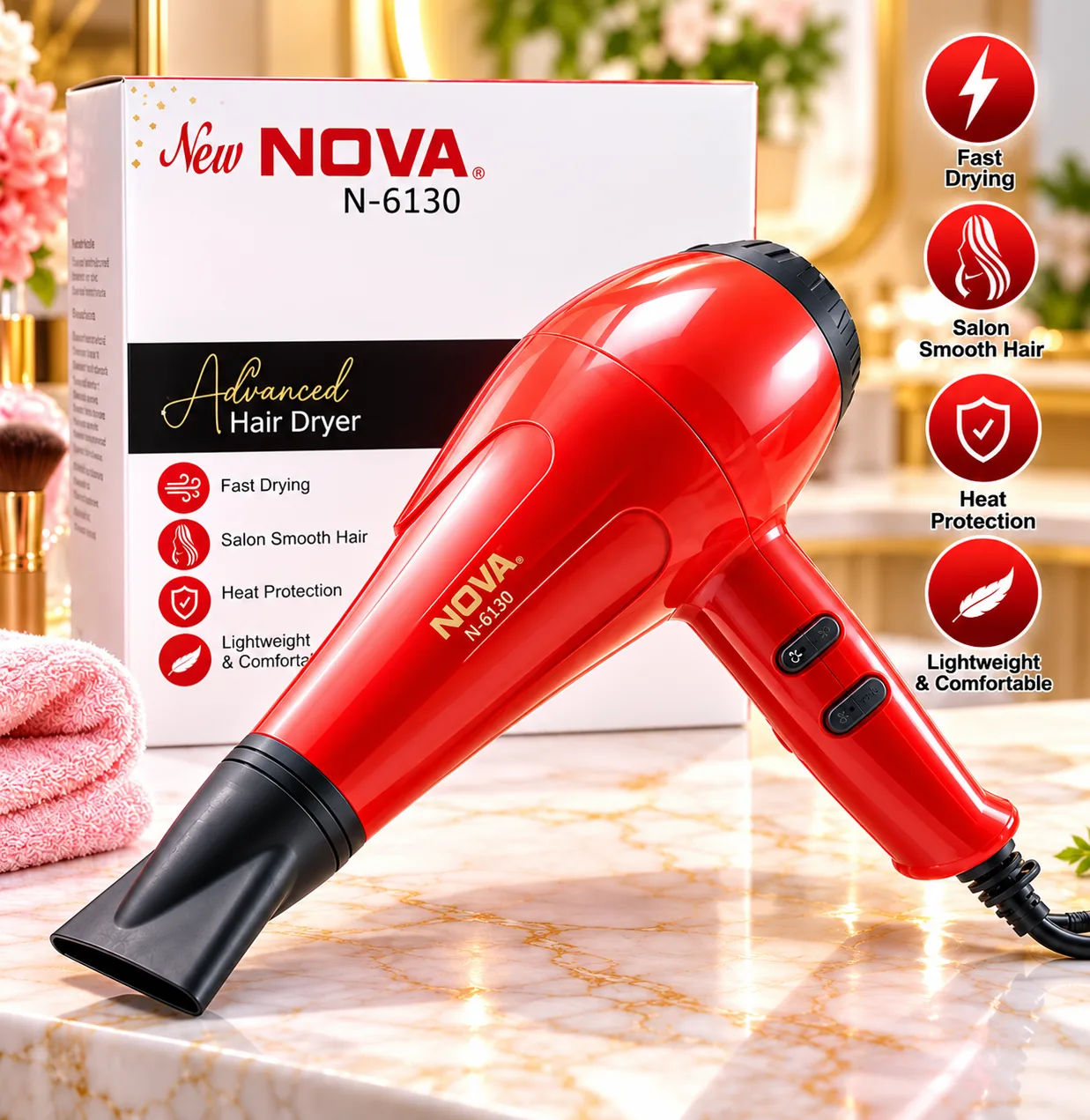Nova NV-1800 Professional Hair Dryer with Adjustable Heat Settings - Red