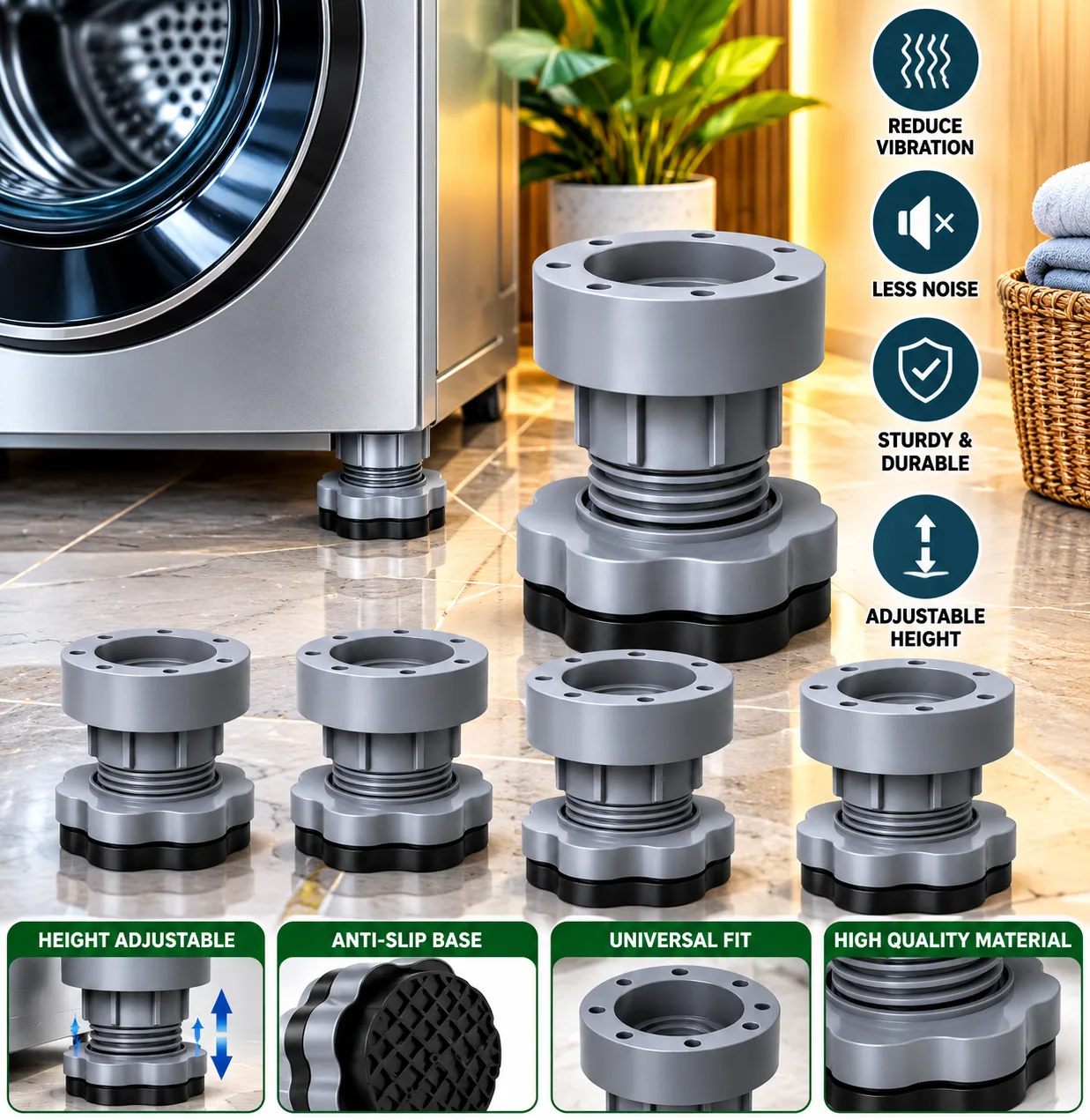 Adjustable Anti-Vibration Washing Machine Stand Feet Set of 4 with Height Control