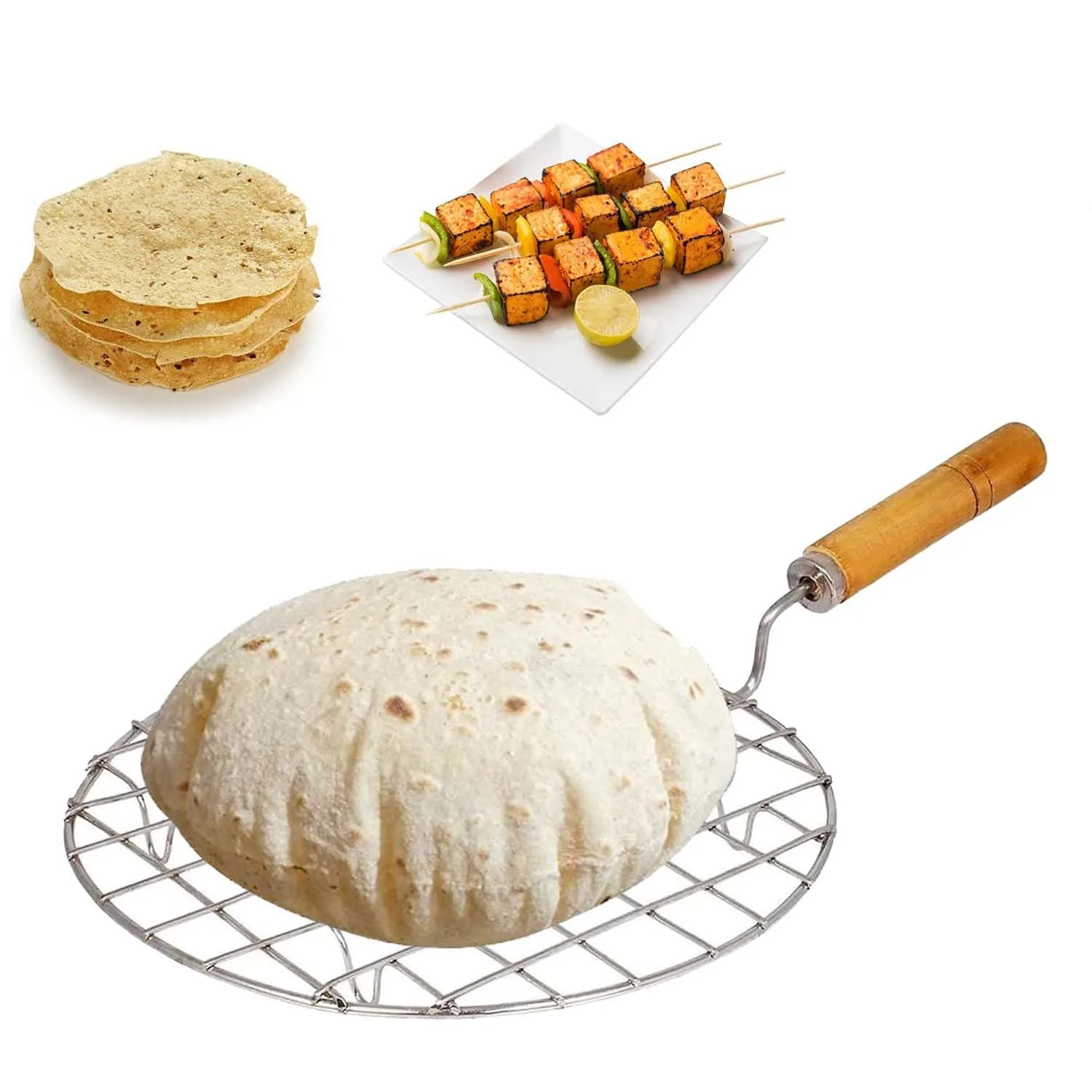 Stainless Steel Wire Roaster with Wooden Handle – Papad Roaster for Gas Stove, Roti Toasting Grill, Pizza & Baingan Bharta Roasting Tool – Kitchen Cooking Roaster