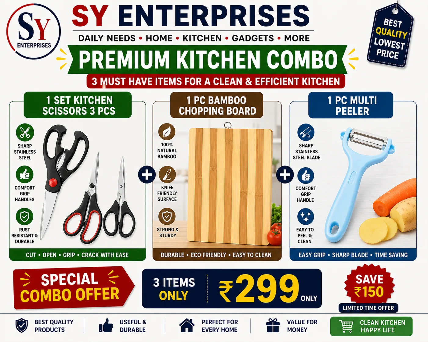 SY Enterprises Premium Kitchen Combo Pack – 3 PCS Kitchen Scissors Set, Bamboo Chopping Board & Multi Peeler | Kitchen Essentials Combo Set