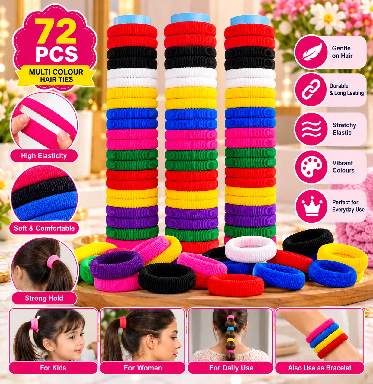 Colourful Hair Rubber Bands Pack of 72 – Stretchable Ponytail Holders for Women and Girls
