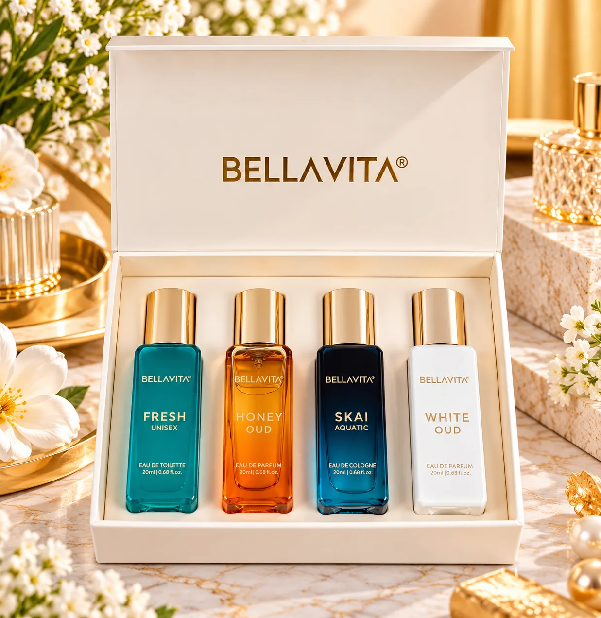BellaVita Luxury Perfume Gift Set – Fresh, Honey Oud, Skai & White Oud 20 ml Pack
