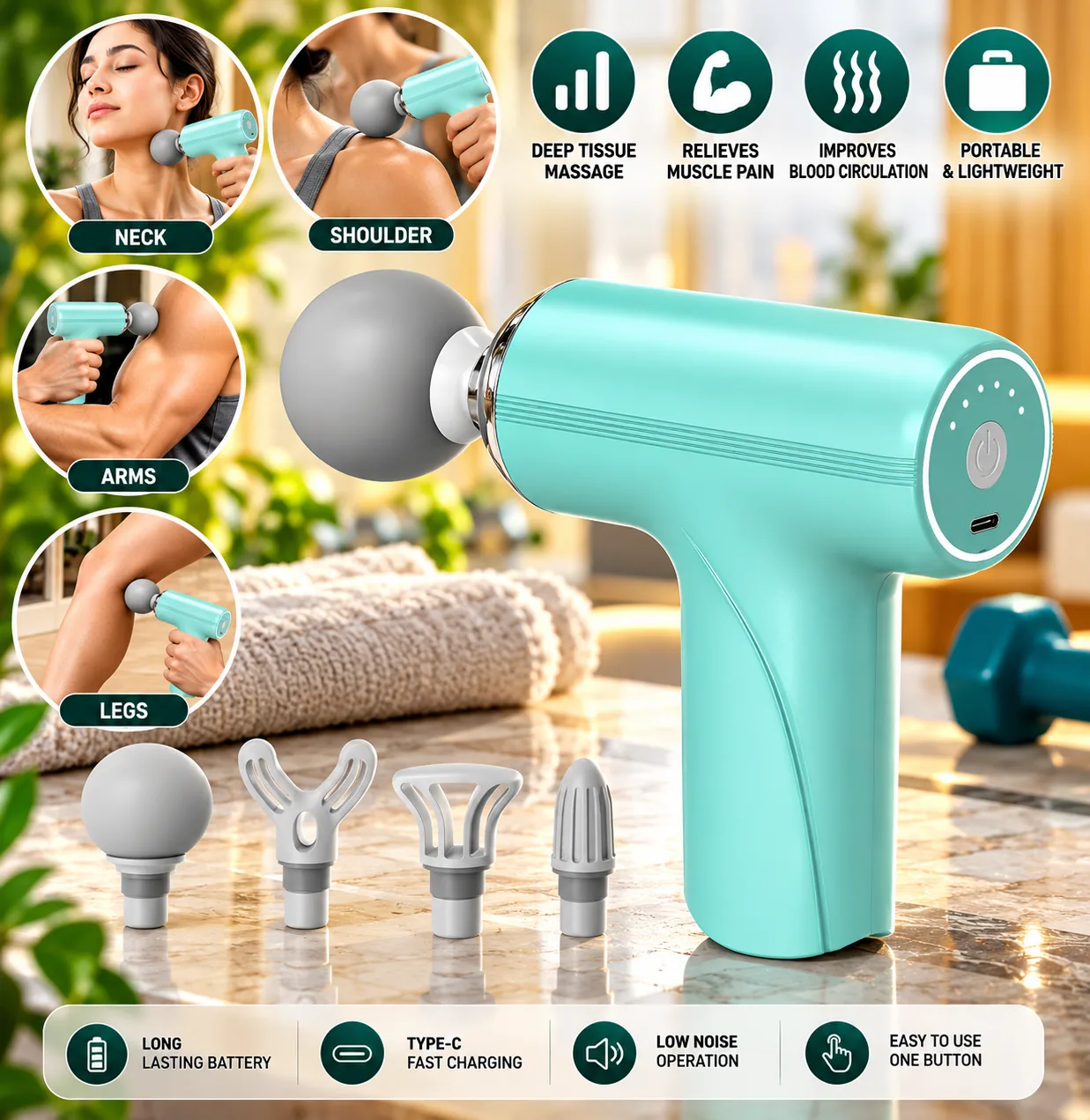 Rechargeable Handheld Massage Gun with 5 Attachments – Muscle Relaxation Device