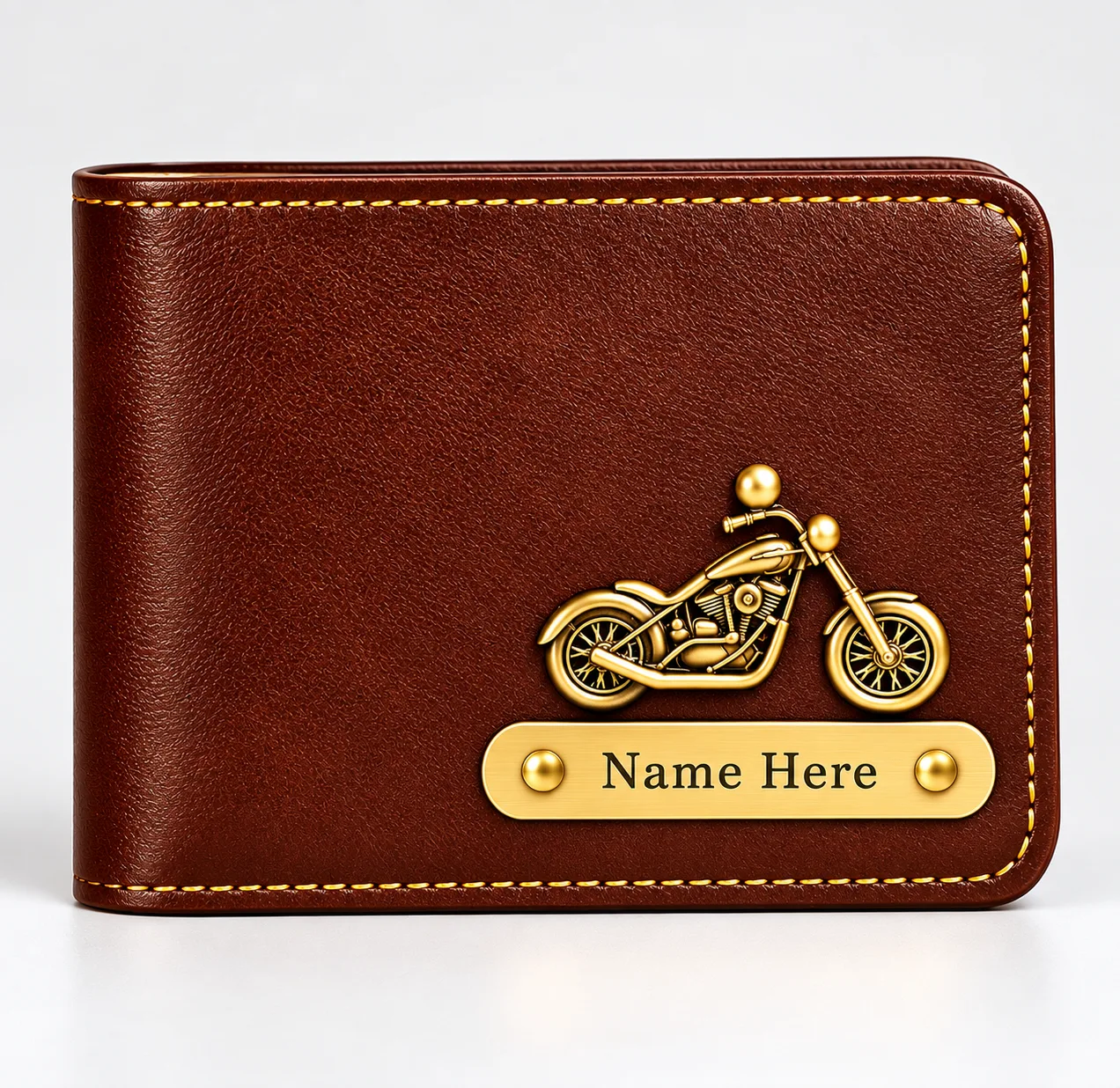 Brown personalized men's wallet with name and charm