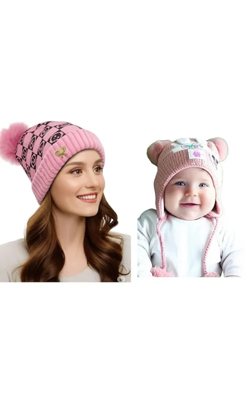 Winter Beanie Cap Combo for Women and Babies – Soft Knitted Warm Woolen Caps