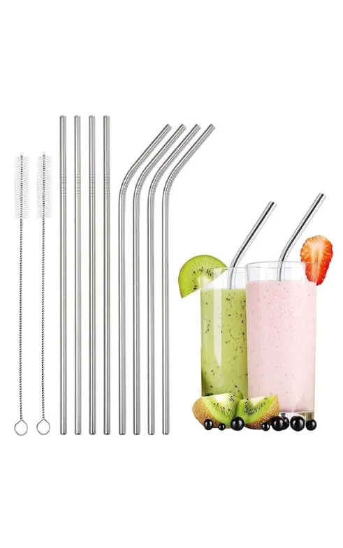 8-Piece Stainless Steel Reusable Drinking Straws Set with Cleaning Brushes