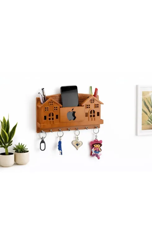 Wooden Wall Key Holder with Mobile Stand and Storage Shelf