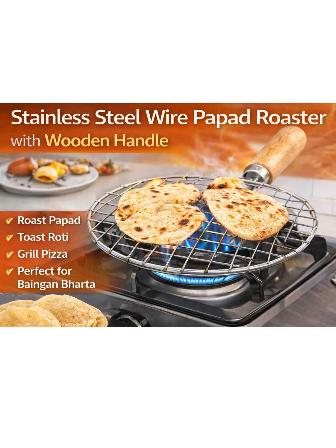 Stainless Steel Wire Roaster with Wooden Handle – Papad Roaster for Gas Stove, Roti Toasting Grill, Pizza & Baingan Bharta Roasting Tool – Kitchen Cooking Roaster