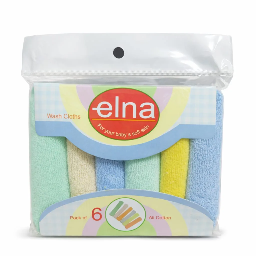 Elna Baby Wash Cloths Pack of 6 made with soft cotton for gentle cleaning of newborn skin. Perfect for baby bath, face cleaning, and feeding time. Reusable, absorbent, and skin-friendly.