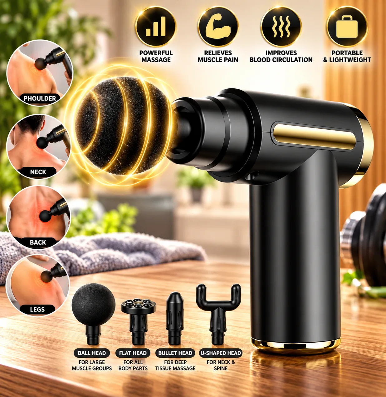 Massage Gun – Deep Tissue Handheld Massager for Full Body Pain Relief, Small & Powerful with 6 Speed Levels, 4 Interchangeable Heads, Rechargeable for Men & Women
