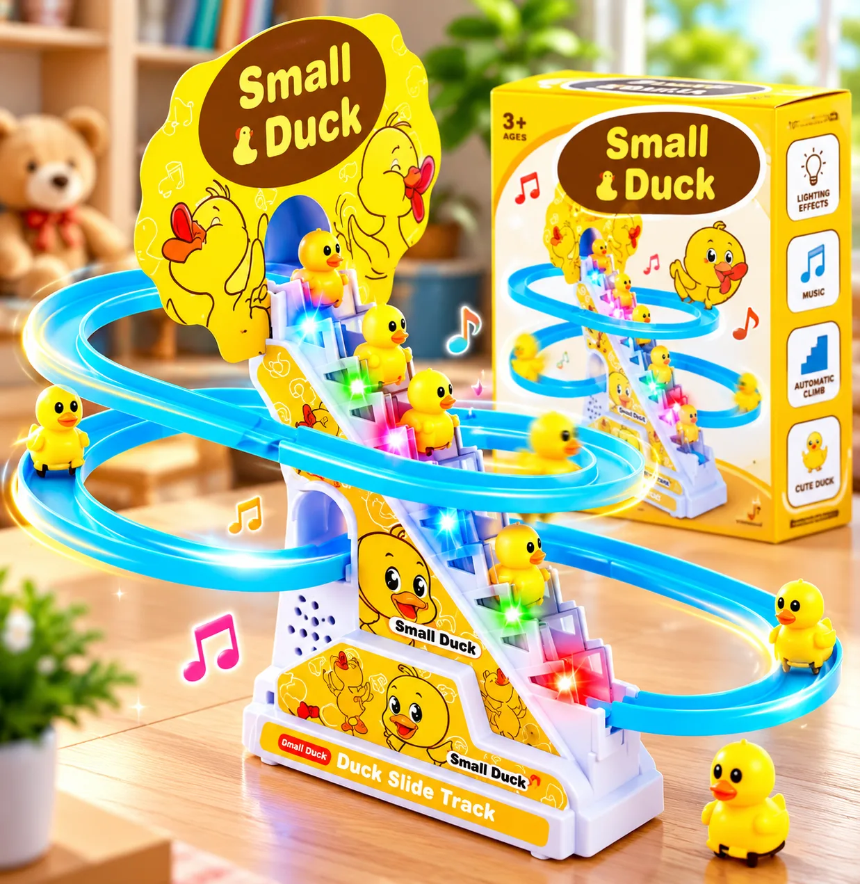 Electric Duck Slide Track Toy with Music and LED Lights – Climbing Stair Track for Kids