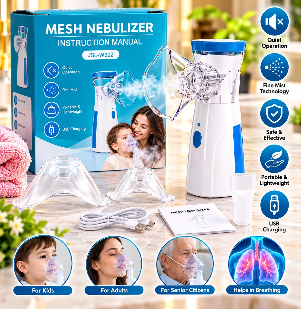 Portable Mesh Nebulizer Machine for Adults and Kids – Rechargeable Inhaler for Home Use