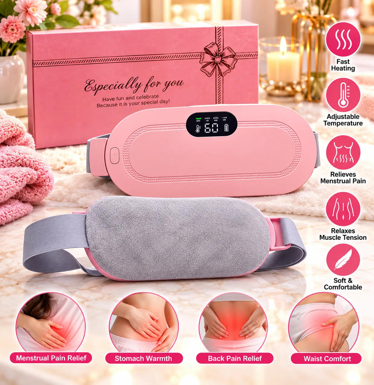 Electric Heating Pad for Period Pain Relief – Adjustable Temperature and Vibrating Massage Belt for Women