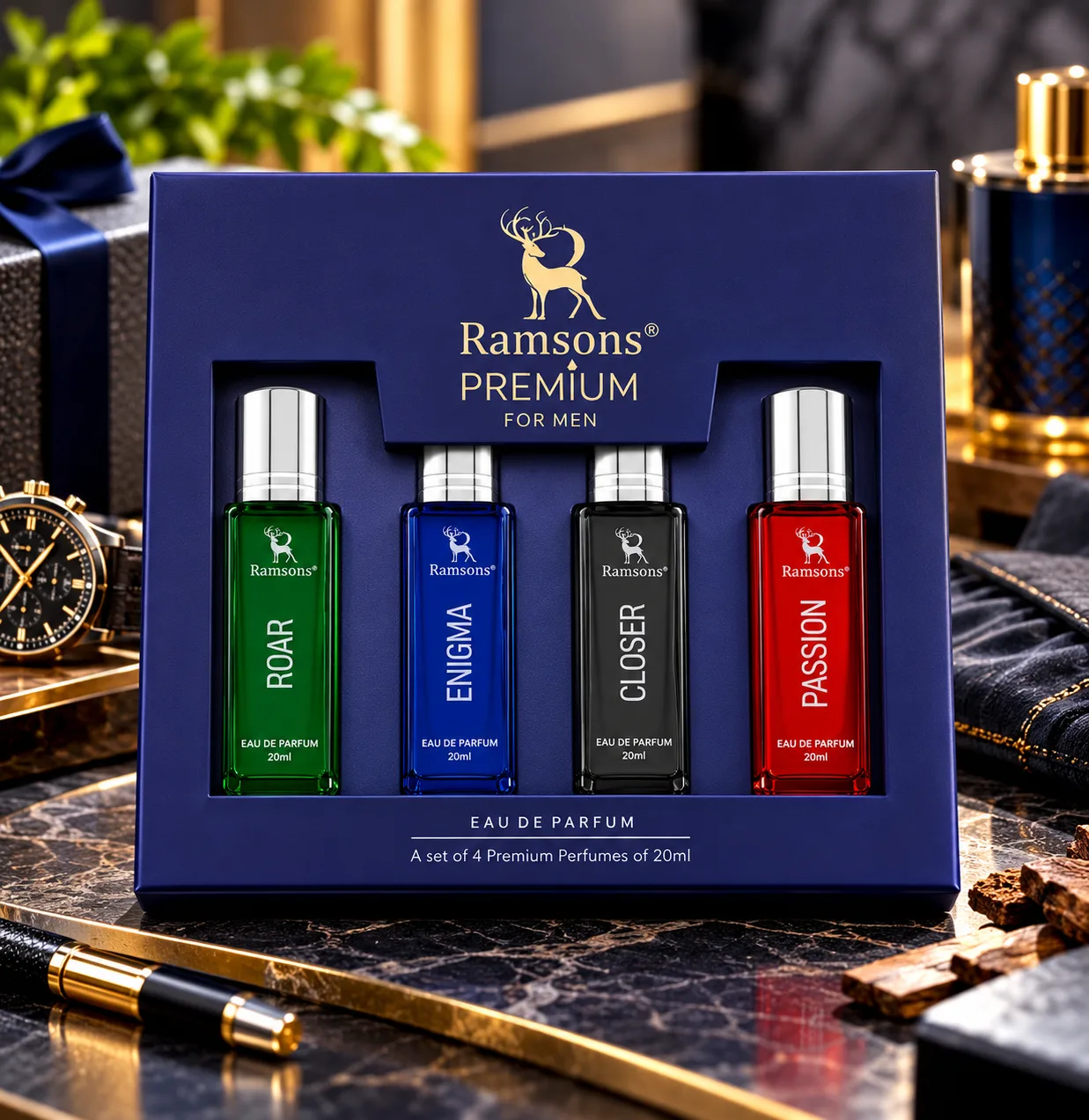 Ramsons Premium Perfume Gift Set for Men – Roar, Enigma, Closer & Passion (20 ml x 4)